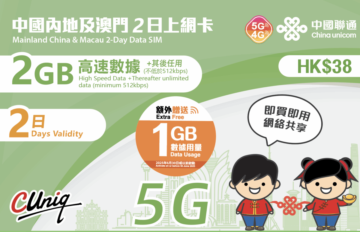 中聯通--中國內地及澳門2日上網卡（2GB）（額外贈送1GB）