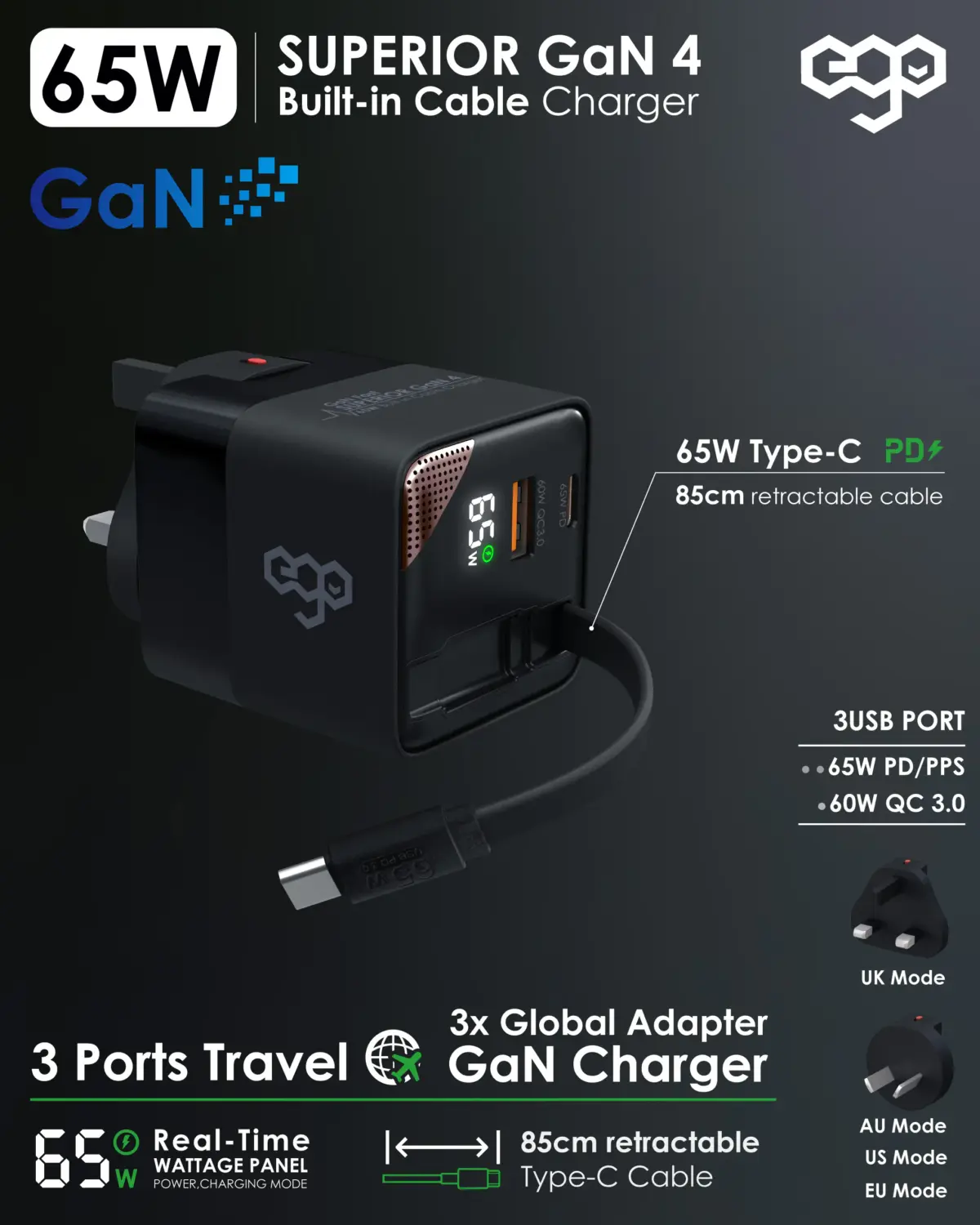 EGO -- 65W SUPERIOR GaN 4 充電器 (EGCH042)