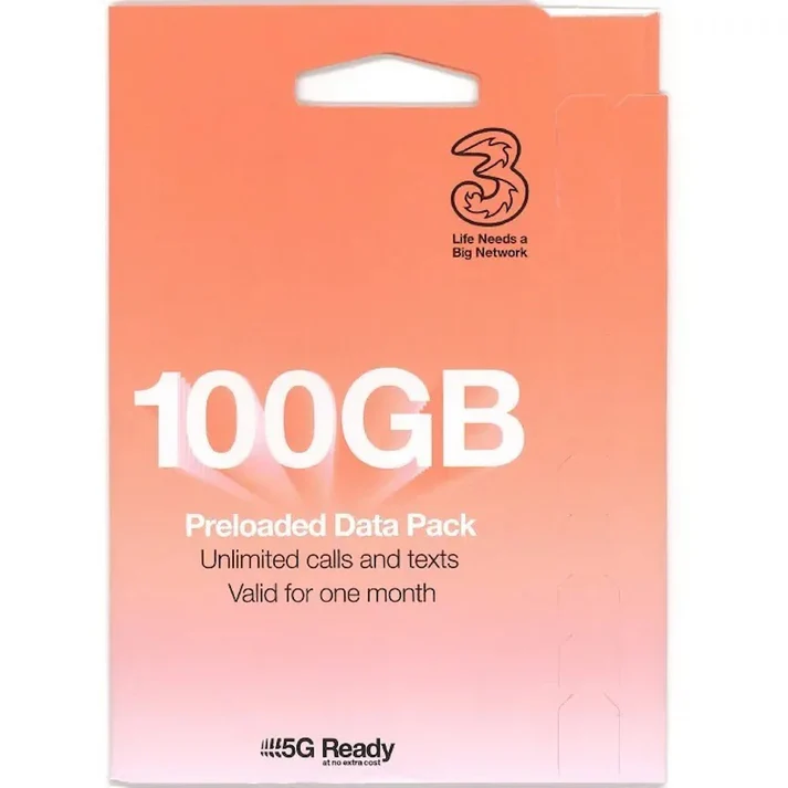 3UK -- 英國+全球(英美澳紐、歐洲多國等) 30天 100GB 高速上網電話卡 (含通話)