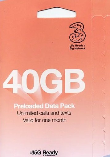 3UK -- 英國及歐洲30日/40GB 無限分鐘流動數據儲值卡