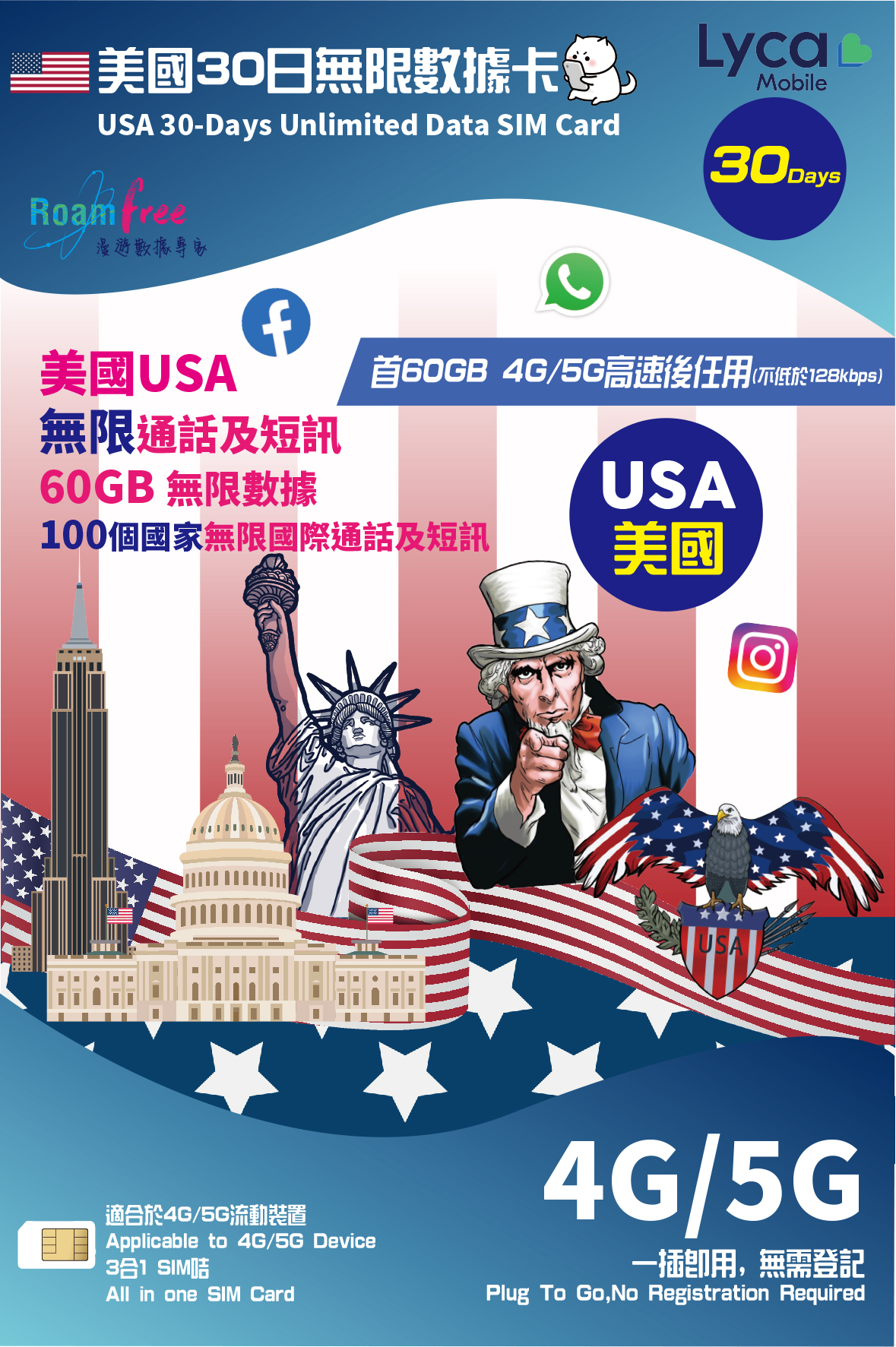 Roamfree -- 美國30日60GB 無限通話及數據卡 4G/5G